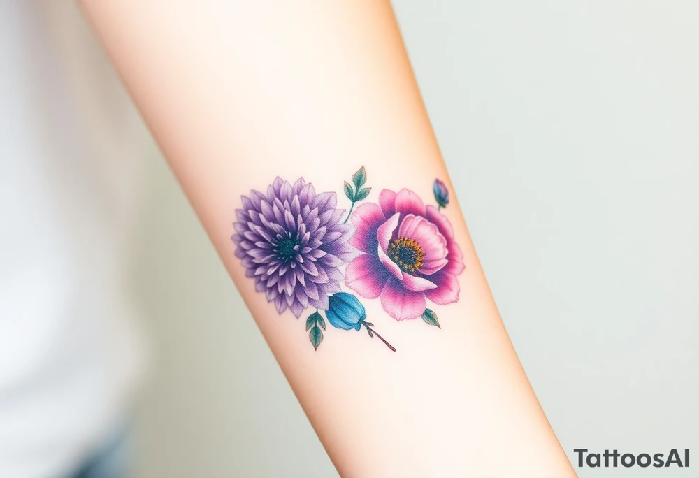 Purple Chrysanthemum, pink Peony, and dark blue Larkspur bouquet tattoo idea