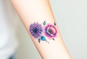 Purple Chrysanthemum, pink Peony, and dark blue Larkspur bouquet tattoo idea
