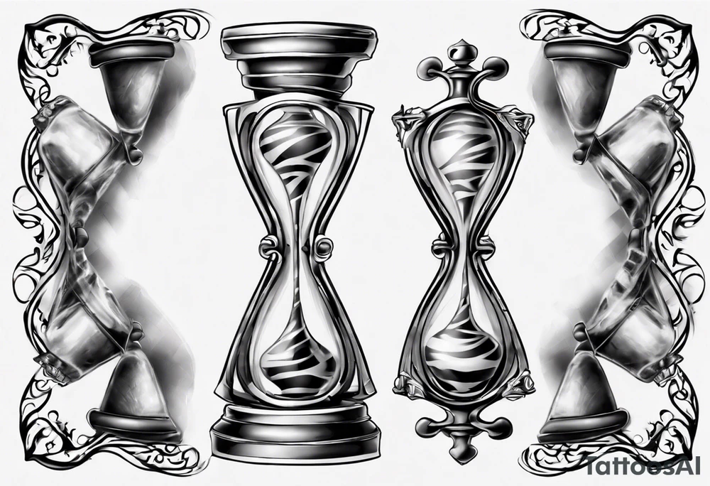 hourglass in the shape of a chess peace with filagree in the background tattoo idea