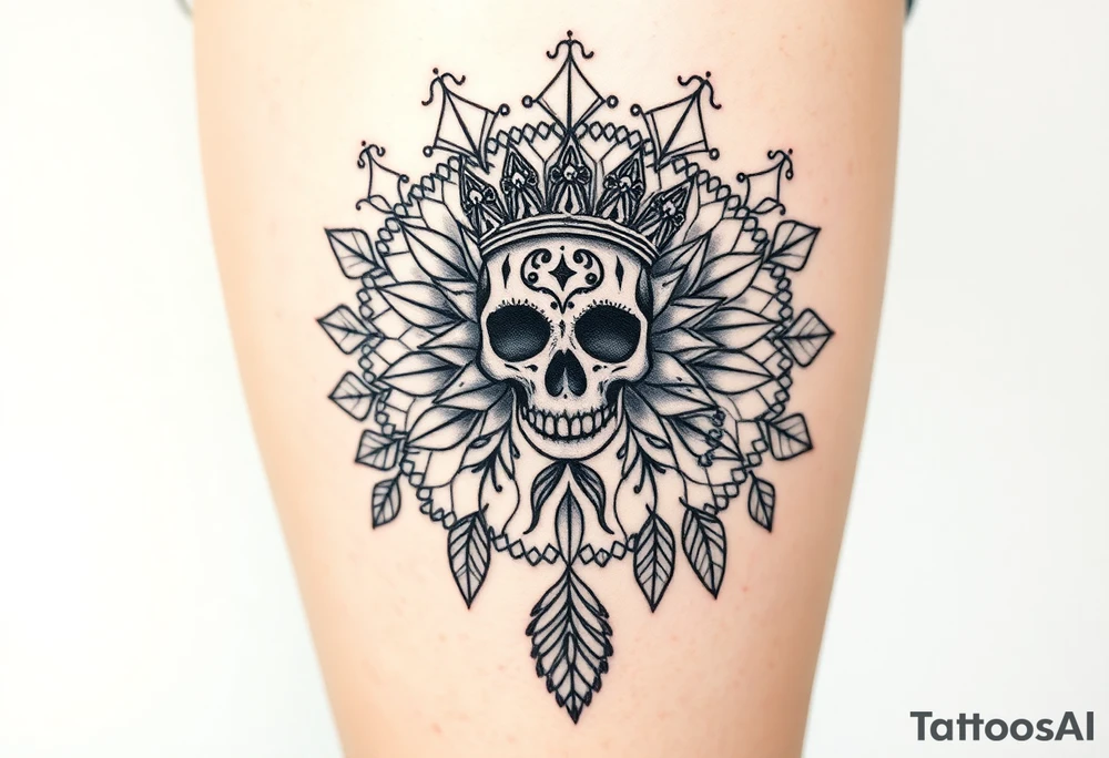 Mandala dream catcher lace with delicate skull and flowers wearing elegant crown tattoo idea