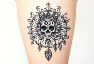Mandala dream catcher lace with delicate skull and flowers wearing elegant crown tattoo idea