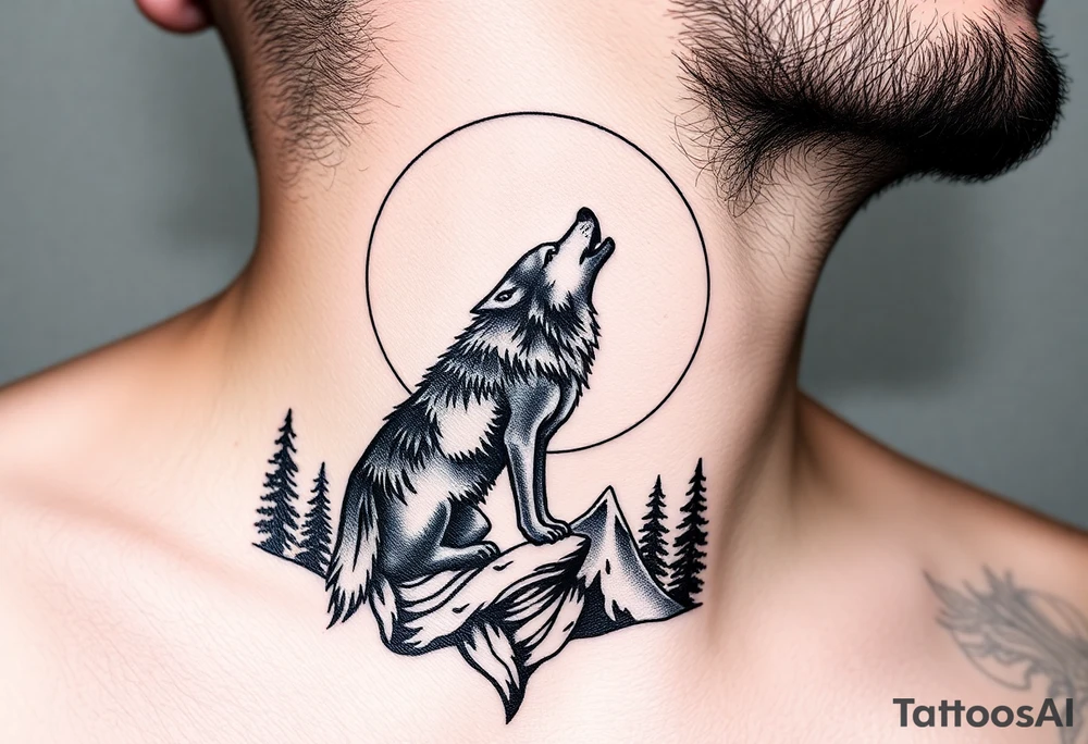 lone wolf howling at full moon with northern lights backdrop tattoo idea