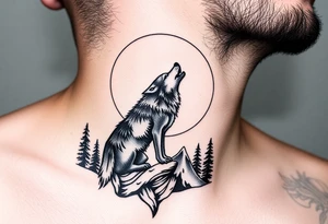 lone wolf howling at full moon with northern lights backdrop tattoo idea