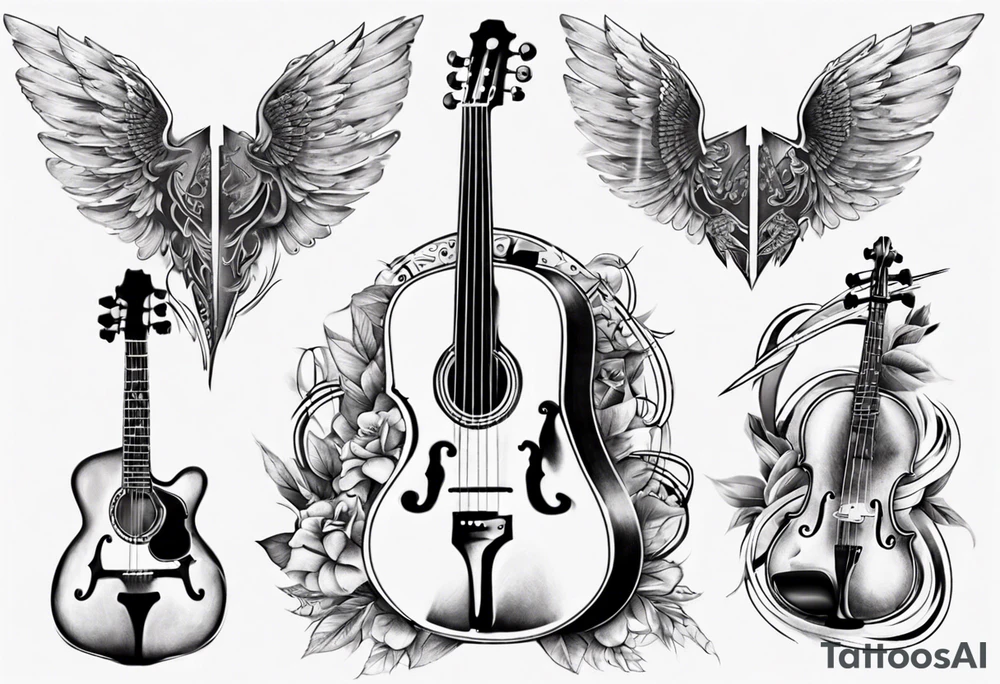 CROSSEED ACOUSTIC GUITAR AND VIOLIN WITH WINGS tattoo idea