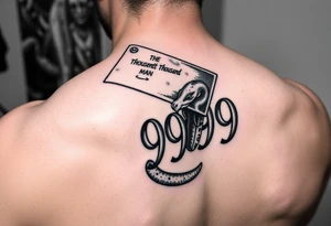 A butcher’s cleaver with “the thousandth man” written on the blade.
The cleaver is cutting the number 999.
The 999 is like a head of a snake tattoo idea