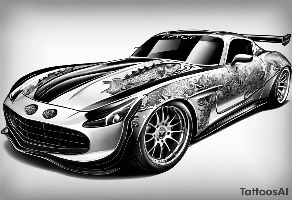Race car with flames and fish tattoo idea
