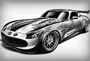 Race car with flames and fish tattoo idea