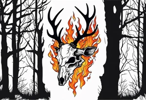 Halloween side profile of a DECAYING deer skull JUST BONE surrounded by a flames and trees in background tattoo idea