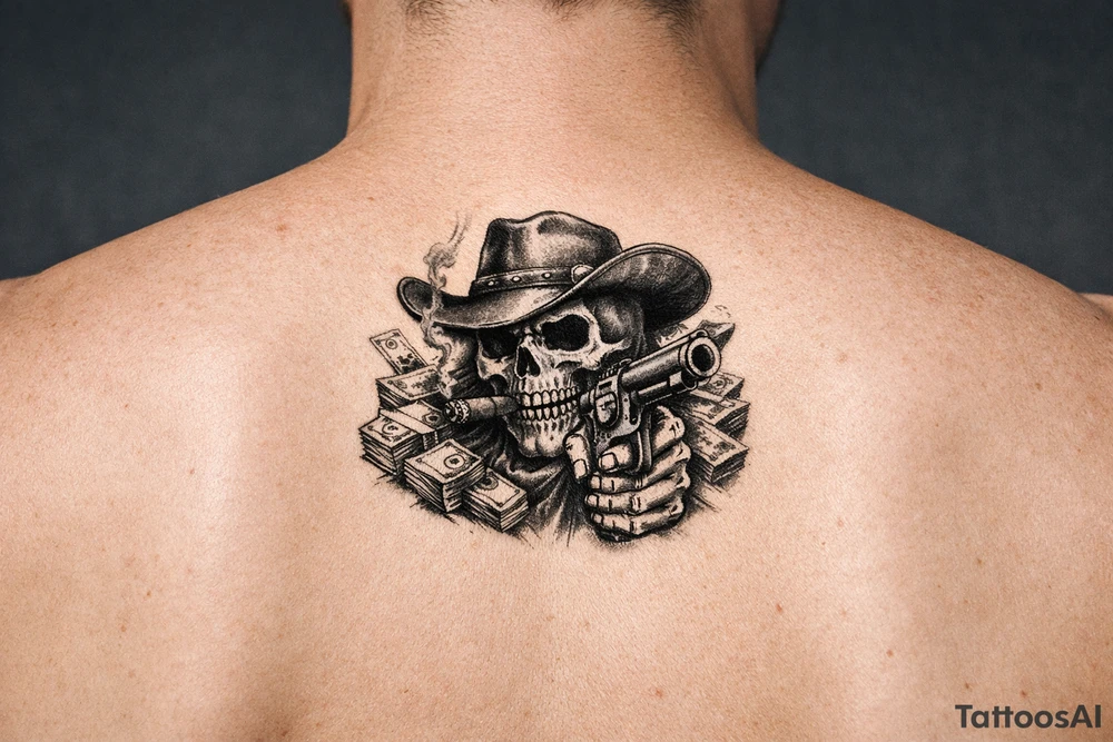 skull with cowboy-hat,cigar in his mouth and a gun in a hand surounded by money. tattoo idea