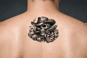 skull with cowboy-hat,cigar in his mouth and a gun in a hand surounded by money. tattoo idea