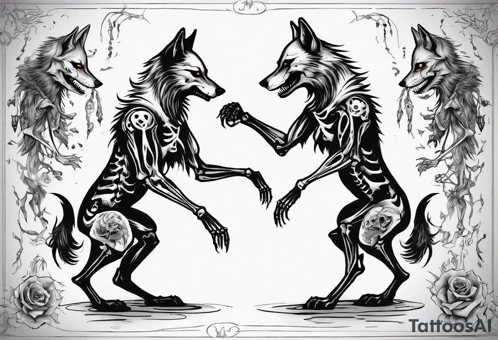 two wolf skeletons dancing tattoo idea