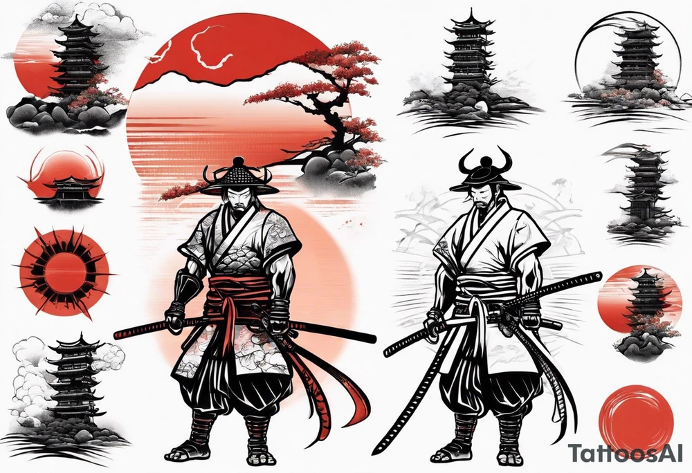 Samurai standing under red sun tattoo idea