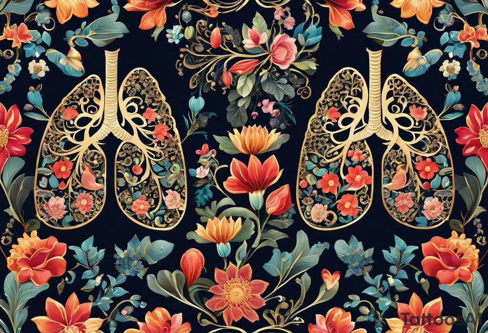 intricate and artistic arrangement of flowers and ornamental patterns that come together to form the shape of human lungs. The design should have a balance of delicacy and detail, with vibrant floral elements seamlessly intertwining to mimic the structure of the lungs, including the bronchi branching into floral motifs. Incorporate subtle shading and depth to give the tattoo a dynamic and organic feel, while maintaining elegance and symmetry tattoo idea