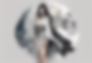 a middle aged woman with black hair with streak of white dressed in a black and silver cloak, standing on the moon tattoo idea