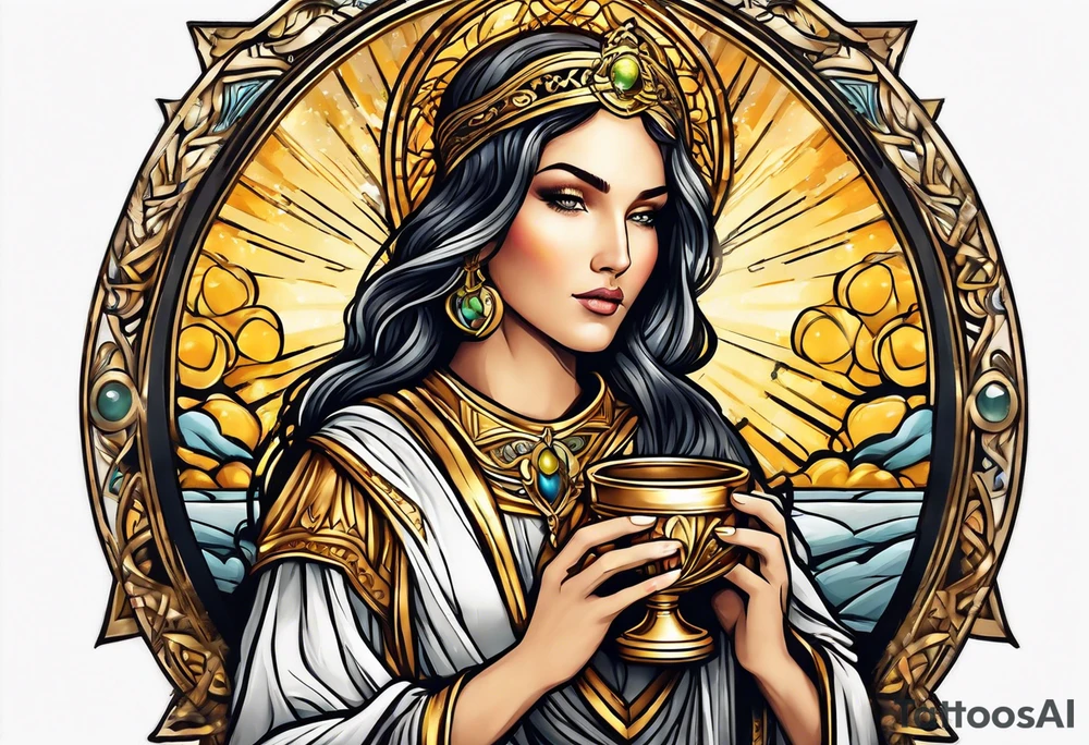 woman saint holding chalice surrounded by golden halo tattoo idea