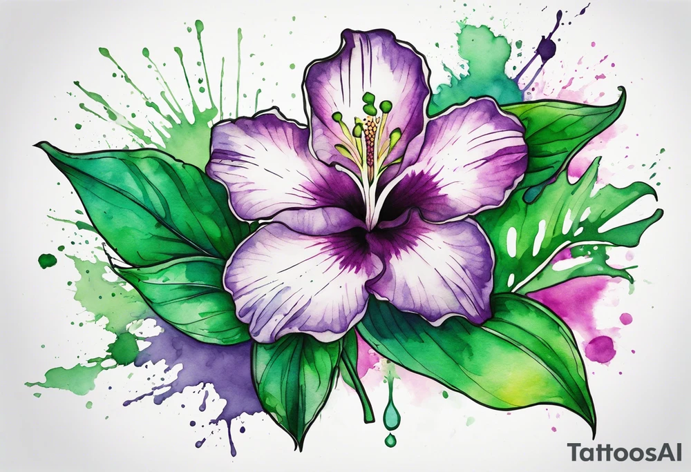 An outline of an only green rio dipladenia flower and a green and purple watercolor splash in the background tattoo idea