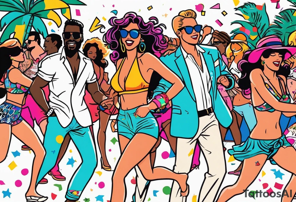 1980's miami vice style beach dance 
party, include confetti, music notes, boom box, bikinis tattoo idea