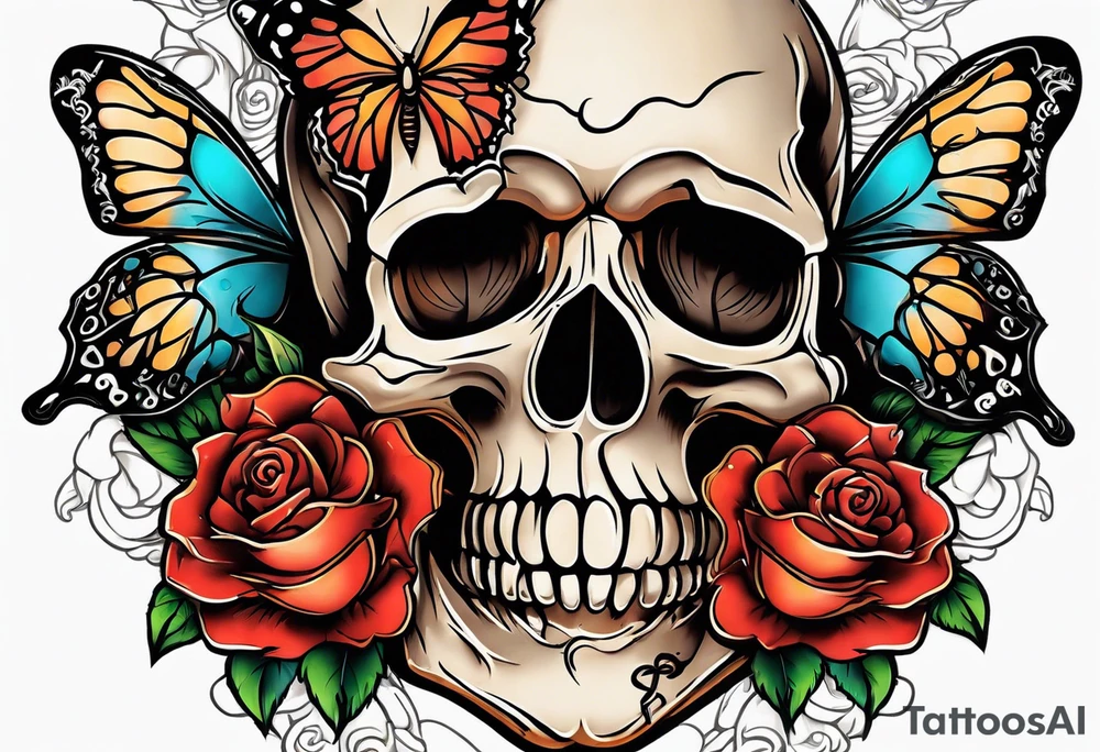 sailor jerry with skulls roses and butterflies tattoo idea