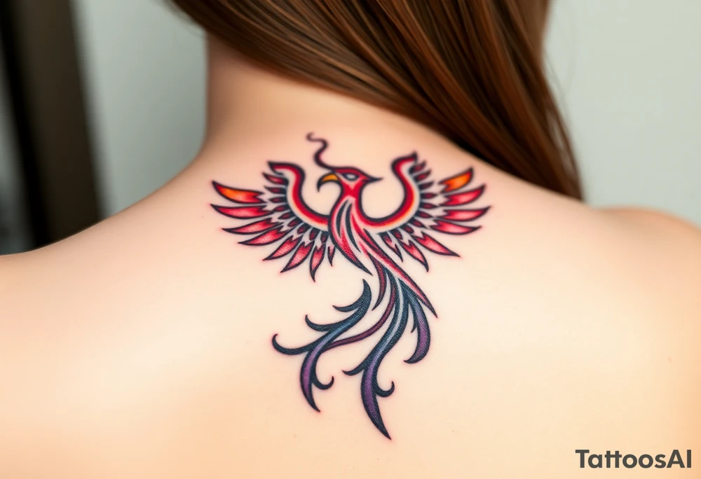 Phoenix rising from the ashes with the colors red, pink, orange and purple. Size 3 cm wide and 5 cm high tattoo idea