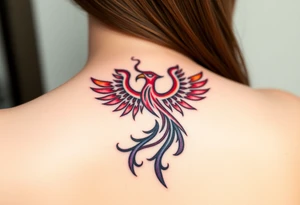 Phoenix rising from the ashes with the colors red, pink, orange and purple. Size 3 cm wide and 5 cm high tattoo idea