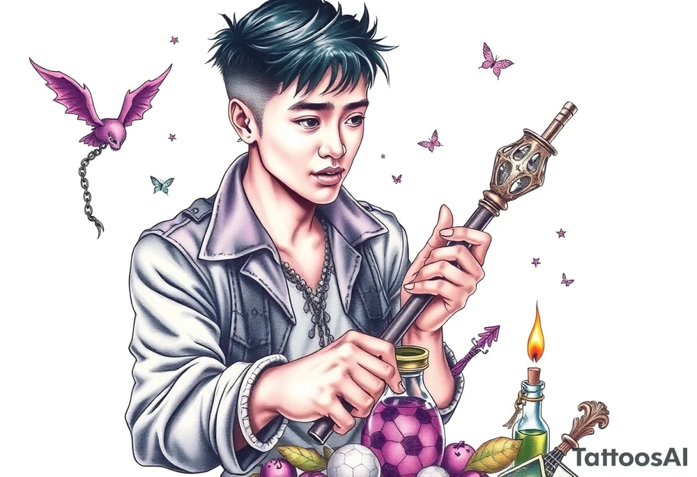 Handsome Asian young adult guy is  accidentally stumbled upon witch tools, supplies, artifacts, potions and exploring it curiously tattoo idea