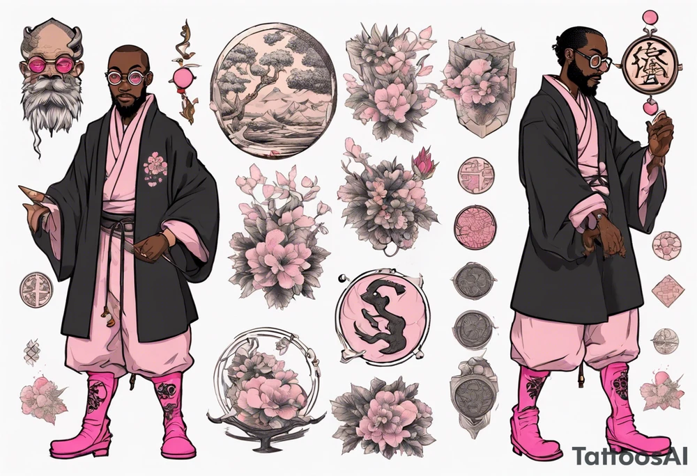 a medieval black man wearing round glasses, wearing pink boots, wearing a black tunic tattoo idea