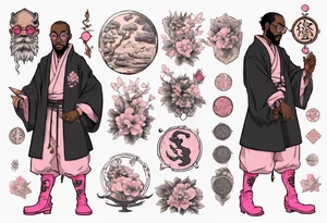 a medieval black man wearing round glasses, wearing pink boots, wearing a black tunic tattoo idea