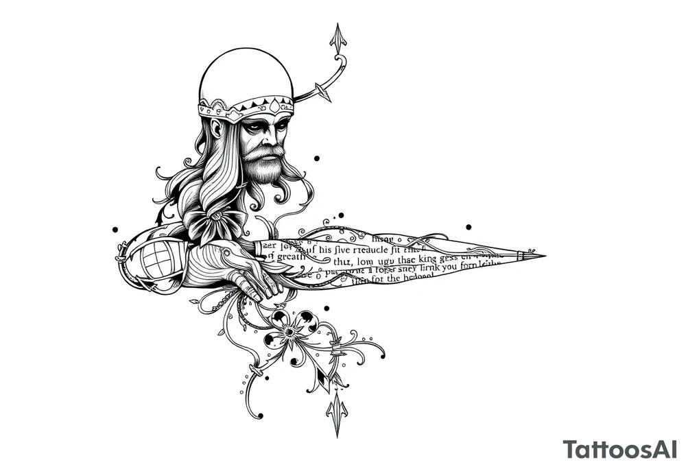long shaman and witch  style mytical sleeve with ancient rhyme tattoo idea