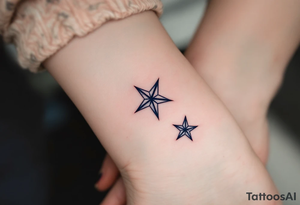 Matching man woman tattoo of nautical stars, the father’s in dark navy blue on the chest, the child’s smaller in light blue on the ankle. tattoo idea
