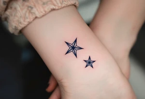 Matching man woman tattoo of nautical stars, the father’s in dark navy blue on the chest, the child’s smaller in light blue on the ankle. tattoo idea