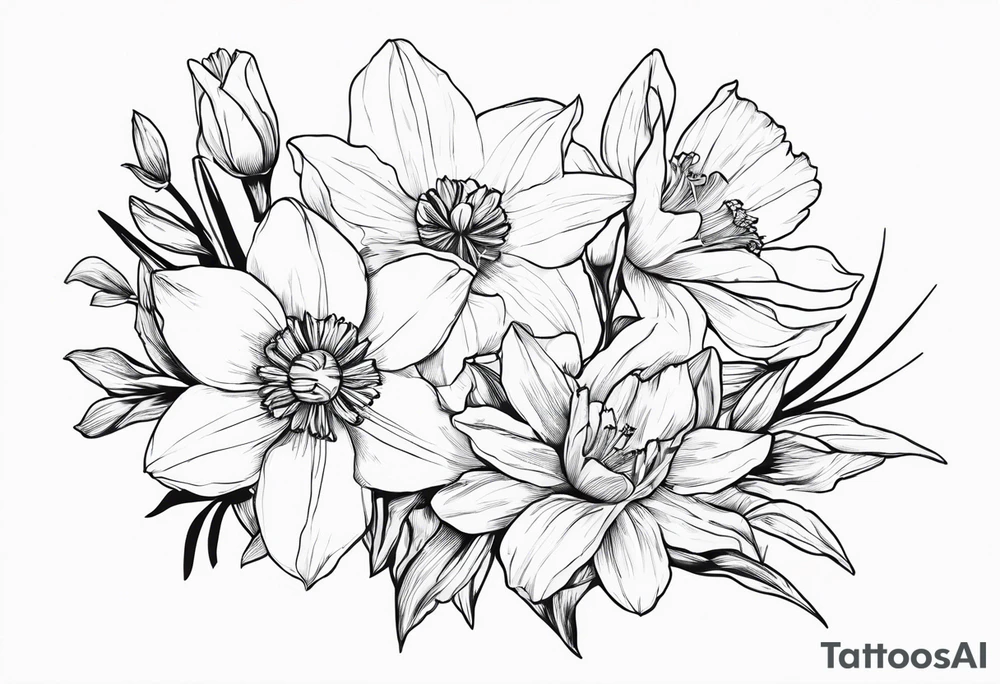 Dainty Bouquet Held together with a bow:
DAFFODIL
JONQUIL
ASTER
MORNING GLORY tattoo idea