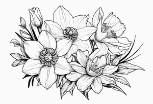 Dainty Bouquet Held together with a bow:
DAFFODIL
JONQUIL
ASTER
MORNING GLORY tattoo idea
