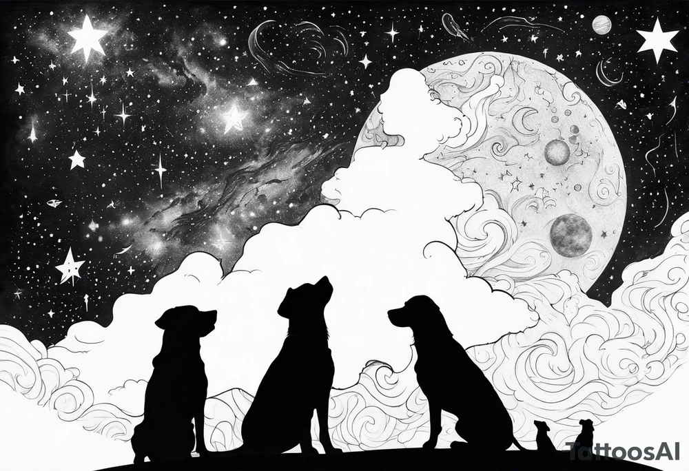Me and my 3 dogs as silhouettes looking up at a night sky with galaxies comets and other space elements tattoo idea