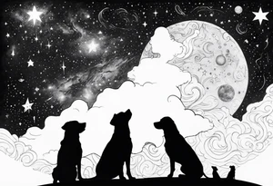 Me and my 3 dogs as silhouettes looking up at a night sky with galaxies comets and other space elements tattoo idea