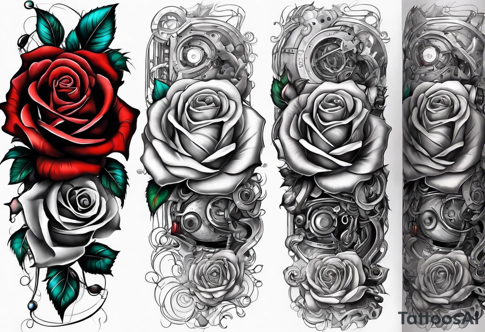 Blend roses and robotic machinery for an arm sleeve tattoo idea