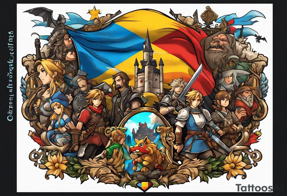 A video game scene encased in the flag of Germany and North Carolina surrounded by characters from Zelda, Final Fantasy 8, and Howel's Moving Castle. tattoo idea