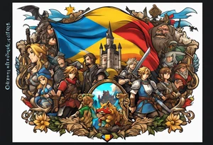 A video game scene encased in the flag of Germany and North Carolina surrounded by characters from Zelda, Final Fantasy 8, and Howel's Moving Castle. tattoo idea