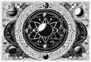 elements of nature and engineering in solar system with OM symbol in center tattoo idea