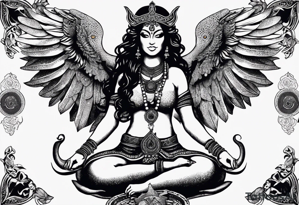 black kali, goddess pirate, alien, angel, pachamama, valkrye, warrior, flying, skull, lotus azul, wing, eagle, zenza resonance, stars, 5D, anahata chakra, death, durga, riding on a tiger, flying lady, kundalini, chest tatoo, samuri, rebel, serpent tattoo idea