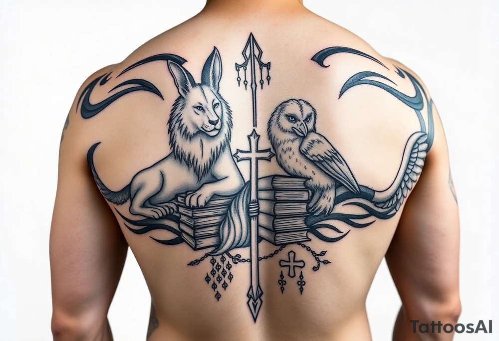 Tattoo Description
A single-arm sleeve that extends onto the chest and back by a few inches.

Tribal style emphasizing bold lines with matching space between.

The tattoo should contain “hidden” features within that require a careful eye to spot:
Jackalope
Resting Lion
Pile of books
Female wolf
A lamb
A cross
An eagle
A computer chip-like design tattoo idea
