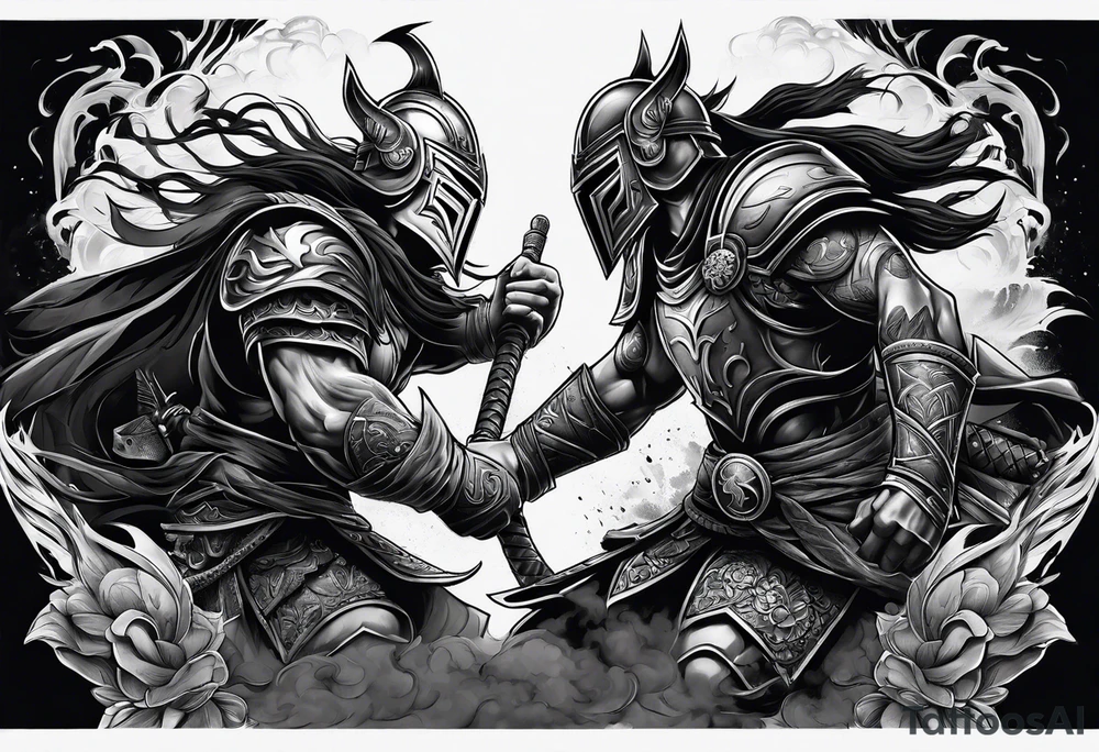 Warriors fighting in a smoky background tattoo idea Warriors fighting in a smoky background tattoo idea