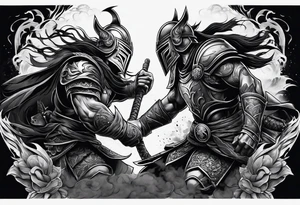 Warriors fighting in a smoky background tattoo idea