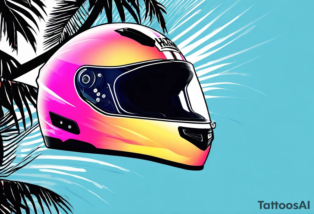 Formula 1 helment with miami name a palm tree and light blue black and pink colors tattoo idea