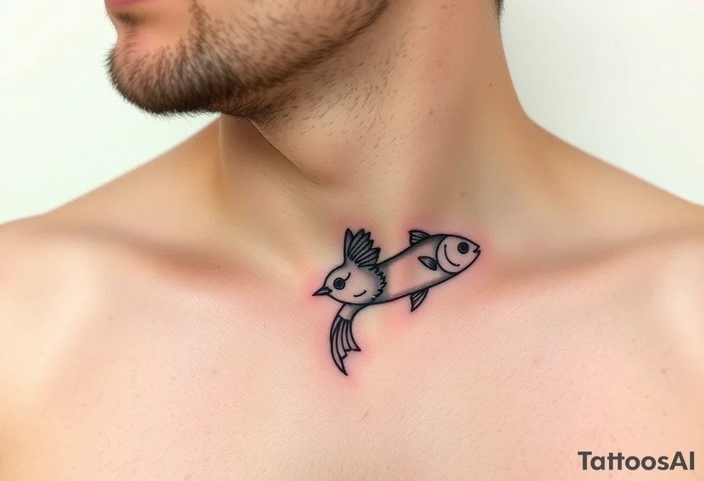 small bird and fish tattoo, for chest, man. not many details. a lot of black color tattoo idea
