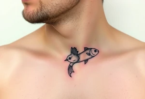 small bird and fish tattoo, for chest, man. not many details. a lot of black color tattoo idea