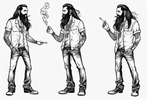 A man standing full-length, with long hair, no beard, smoking a cigarette, with earrings in his ears, no headgear tattoo idea