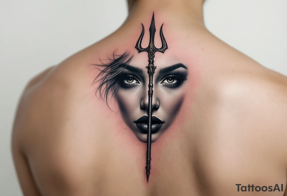 close-up woman behind a trident tattoo idea