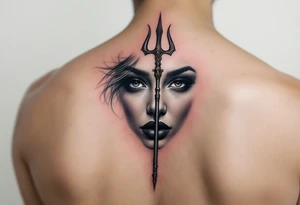 close-up woman behind a trident tattoo idea