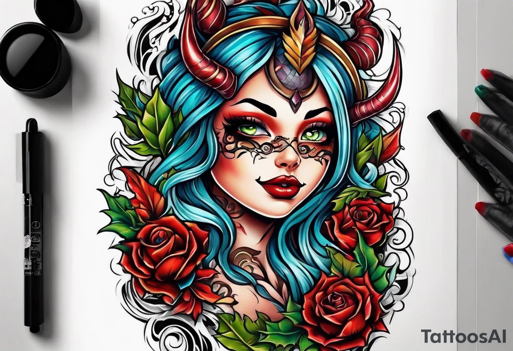 Stoner boy and girl devils tattoo idea