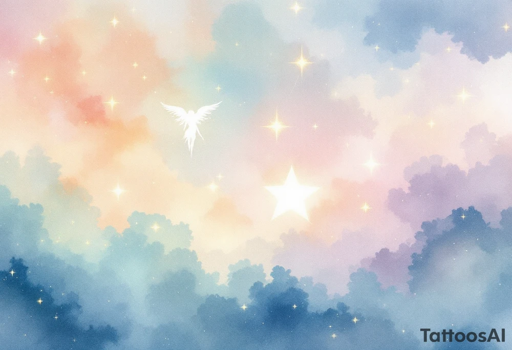 The Virgo stars constellation glow in soft gold across a watercolor pastel sky with a white silhouette of the Virgo goddess. tattoo idea